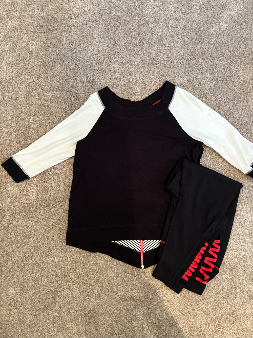 Chico's Black Top with White Raglan Sleeves & Black Leggings with Red Accent